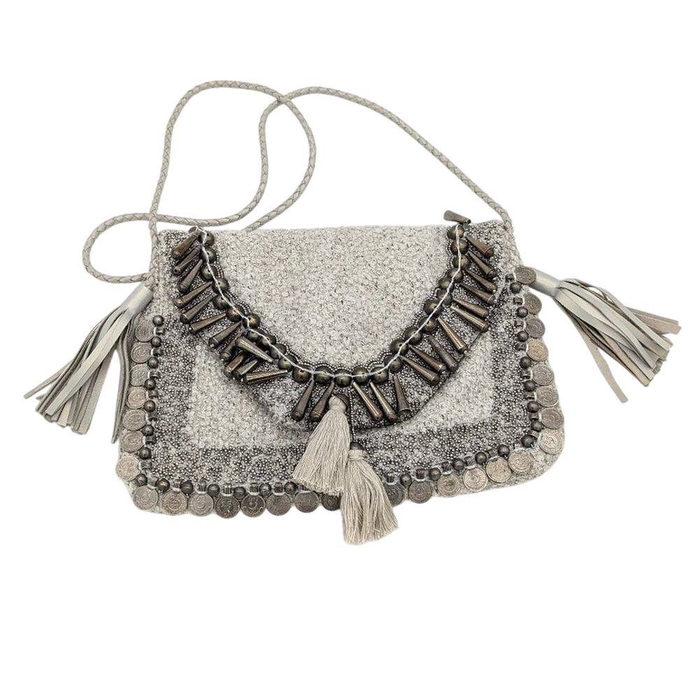 Anthropologie IbBan Gray Beaded Crossbody Kona Clutch Coin Beads Tassels Boho